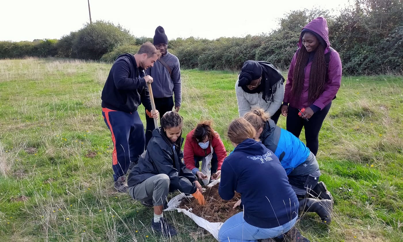 Groupe d'étudiants dans un champs en train de prélever la macrofaune du sol sur des parcelles en agriculture biologique, pour évaluer sa richesse et sa santé, en lien avec les pratiques agricoles.