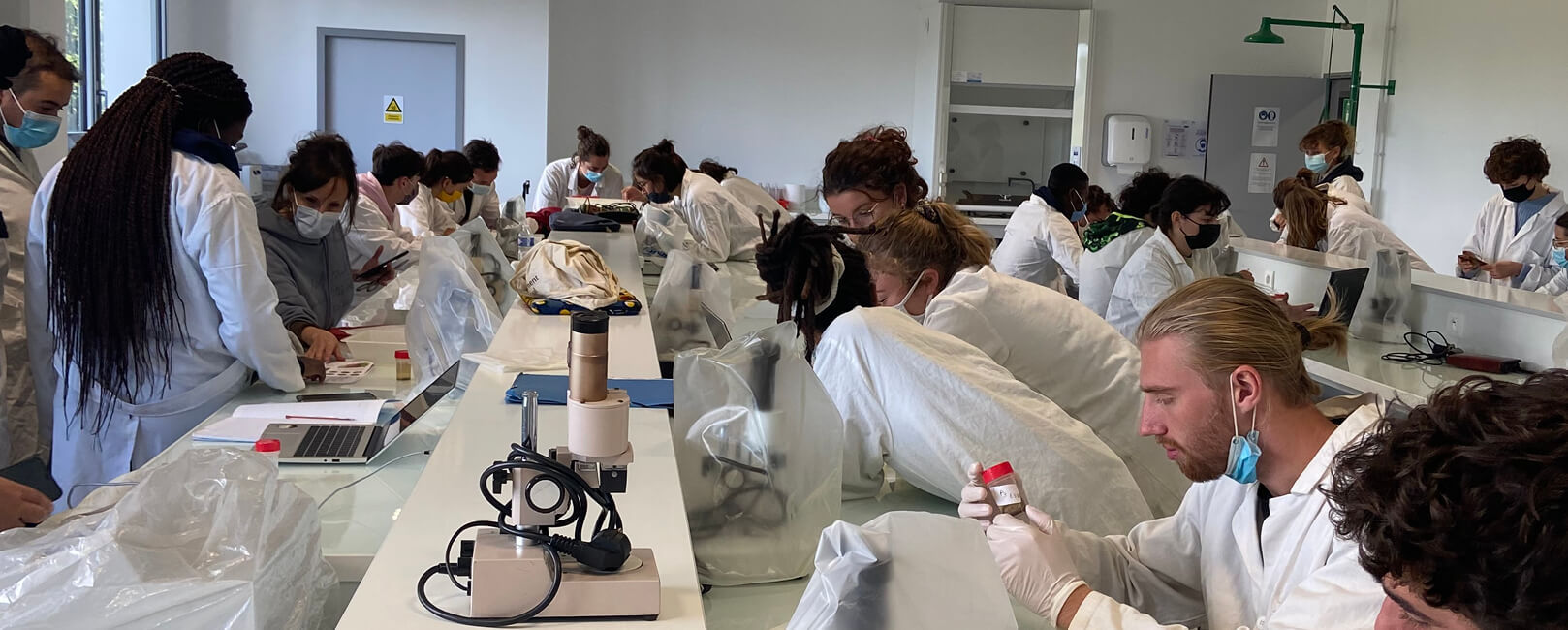 Etudiants en blouses dans un laboratoire en train d'observer au microscope leur échantillon afin de réaliser un diagnostic agronomique.