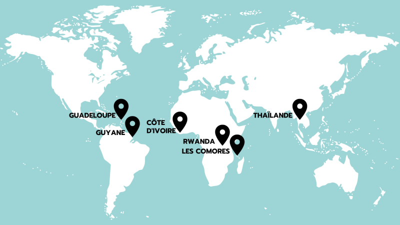 Carte du monde présentant les lieux où les étudiants ont réalisé leur stage : Guadeloupe, Guyane, Côte d'Ivoire, Rwanda, Les Comores et Thaïlande.