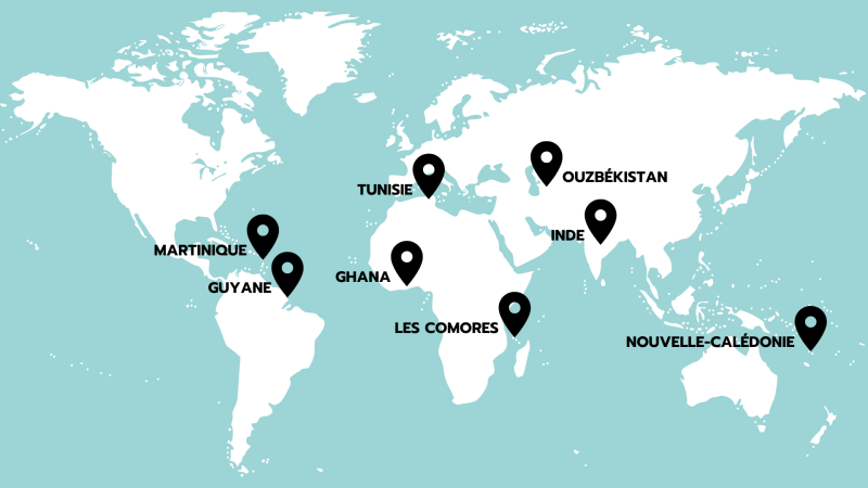 Carte du monde présentant les lieux où les étudiants ont réalisé leur stage : Martinique, Guyane, Ghana, Tunisie, Les Comores Ouzbékistan, Inde et Nouvelle-Calédonie.